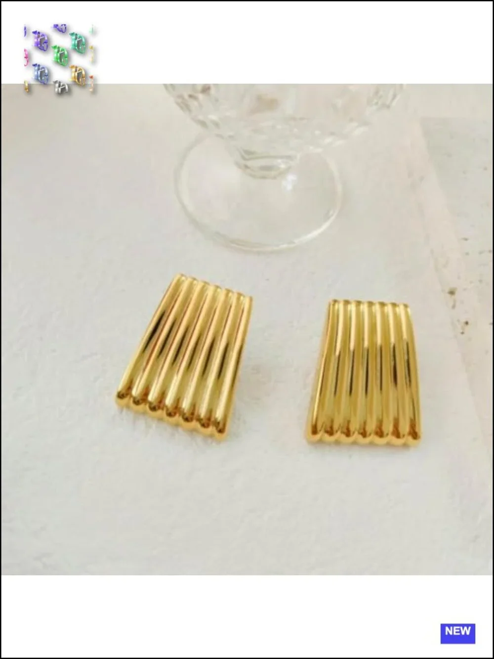 Chunky Gold Ribbed Square Statement Drop Dangle Earrings